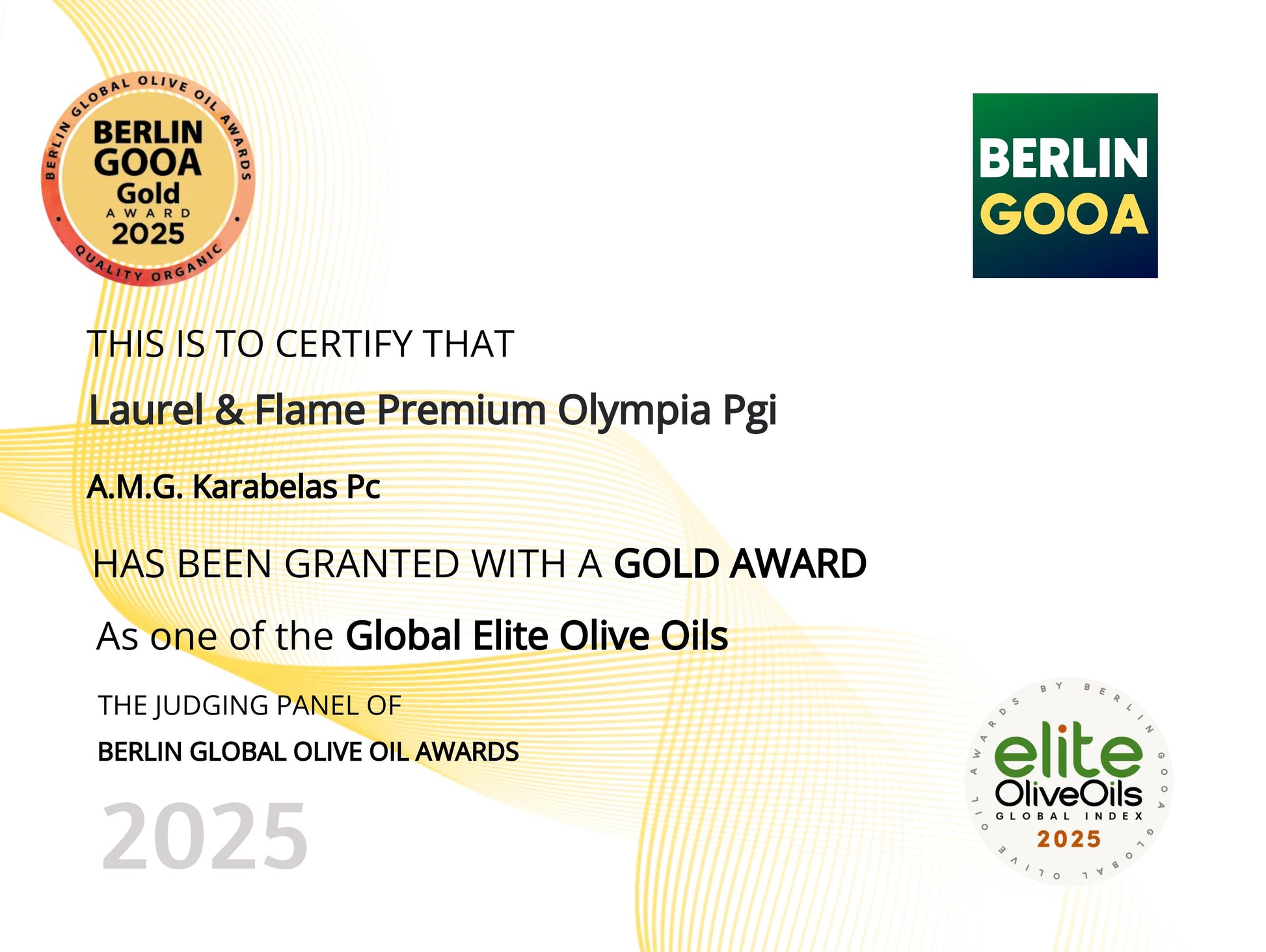 Certificate for Laurel & Flame Premium Olympia Pgi olive oil awarded Gold at the Berlin GOOA 2025