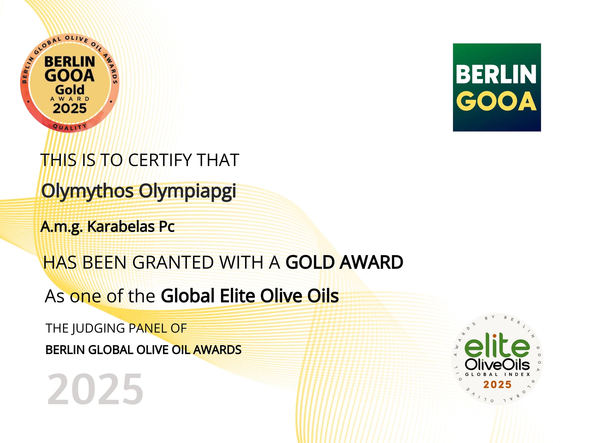 Certificate for Olymthos Olympiagpi's gold award at the Berlin GOOA for Global Elite Olive Oils.
