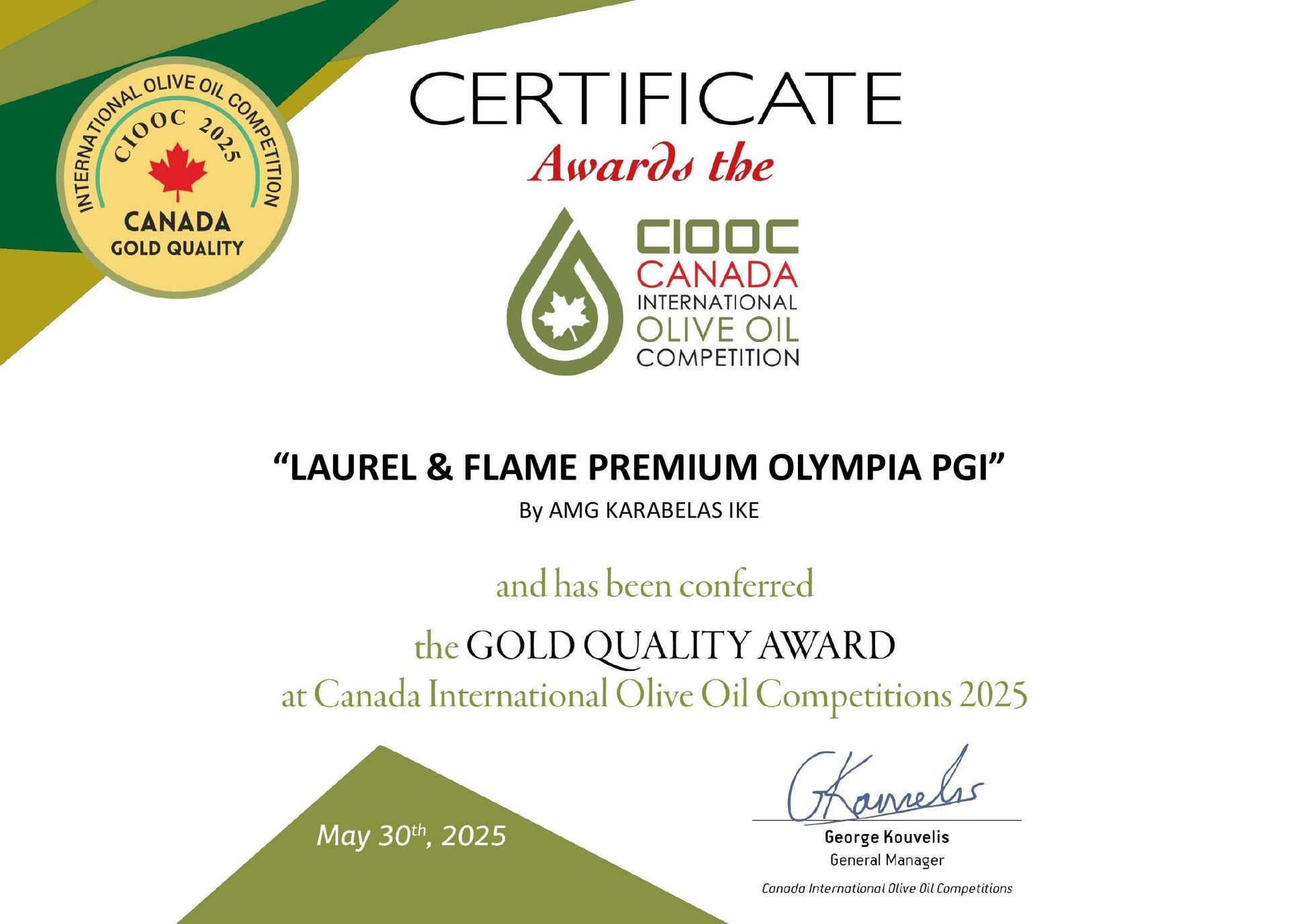 Gold quality award certificate for Laurel & Flame Premium Olympia PGI from CIODC Canada