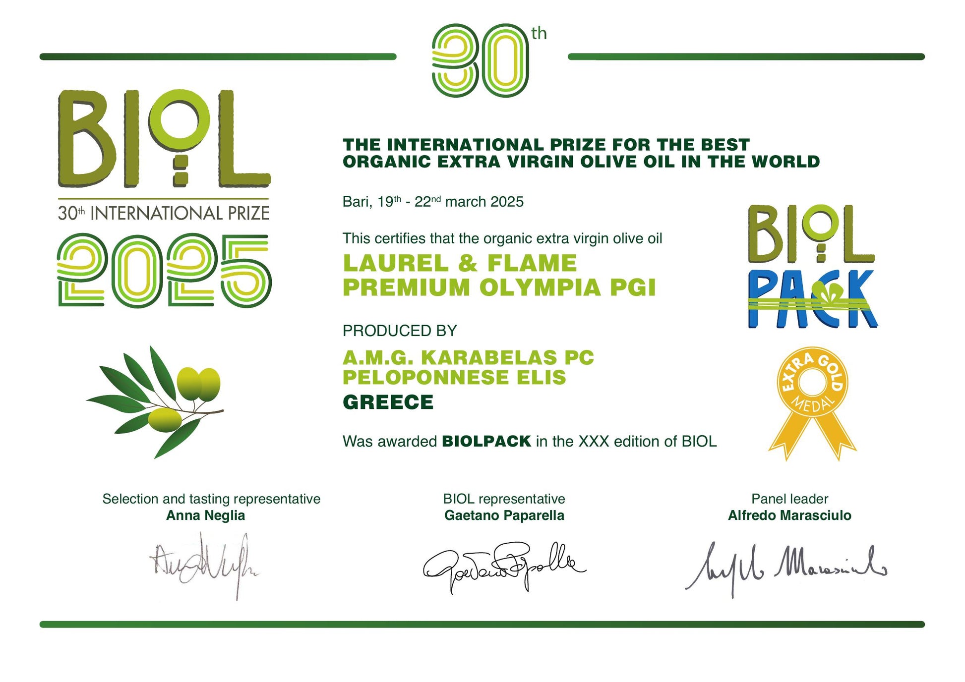 Certificate for Laurel & Flame Premium Olympia PDO olive oil from Greece, awarded at the BIOL 2025 event.