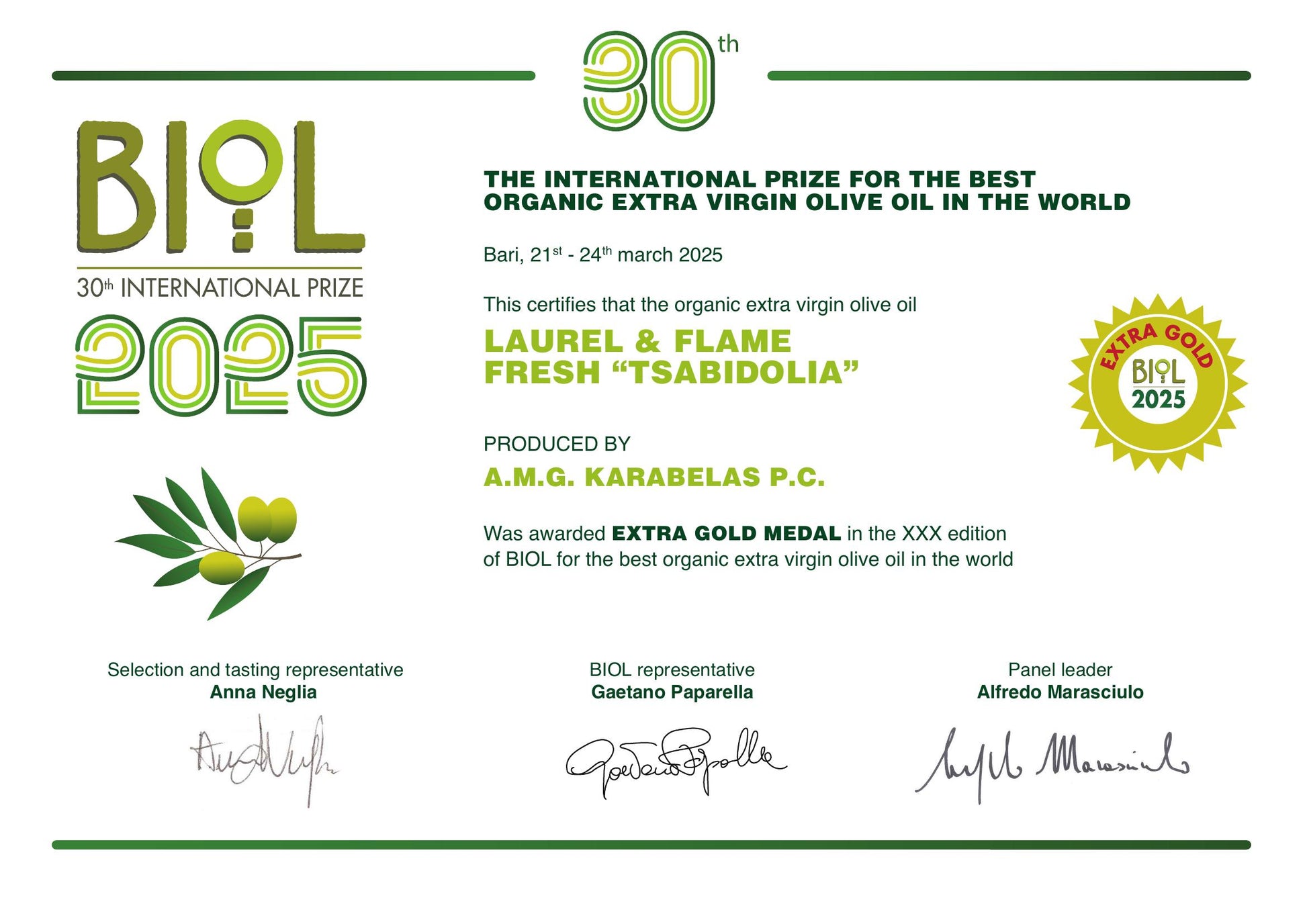 Certificate for Laurel & Flame Fresh 'Tsabidolia' olive oil awarded by BIOL 2025