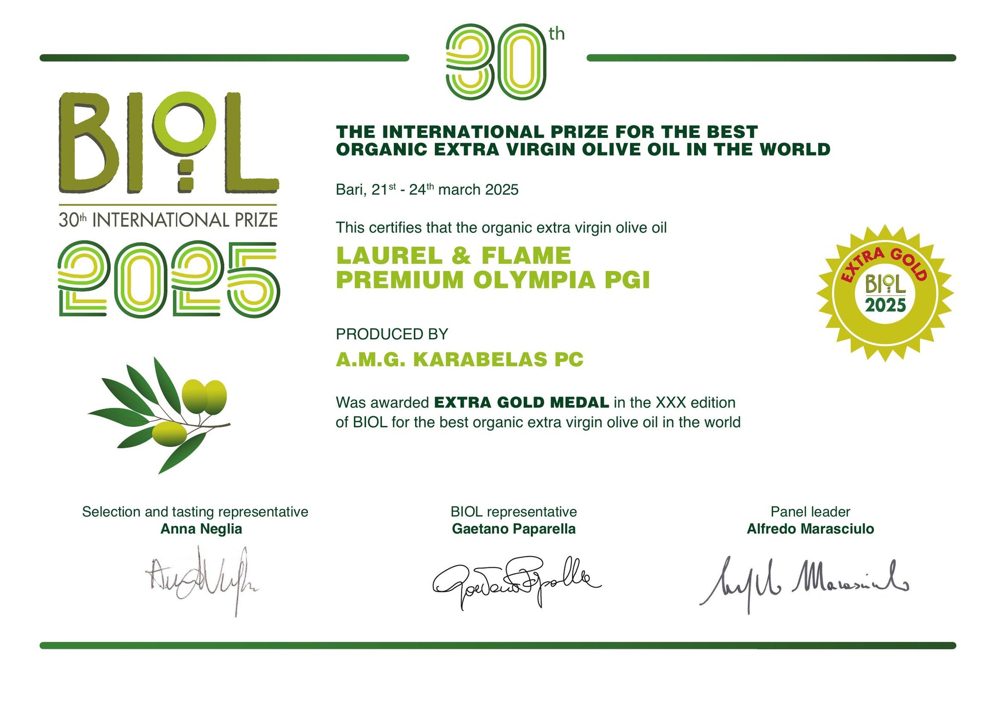 Certificate for Laurel & Flame Premium Olympia PGI olive oil at the BIOL 2025 award ceremony