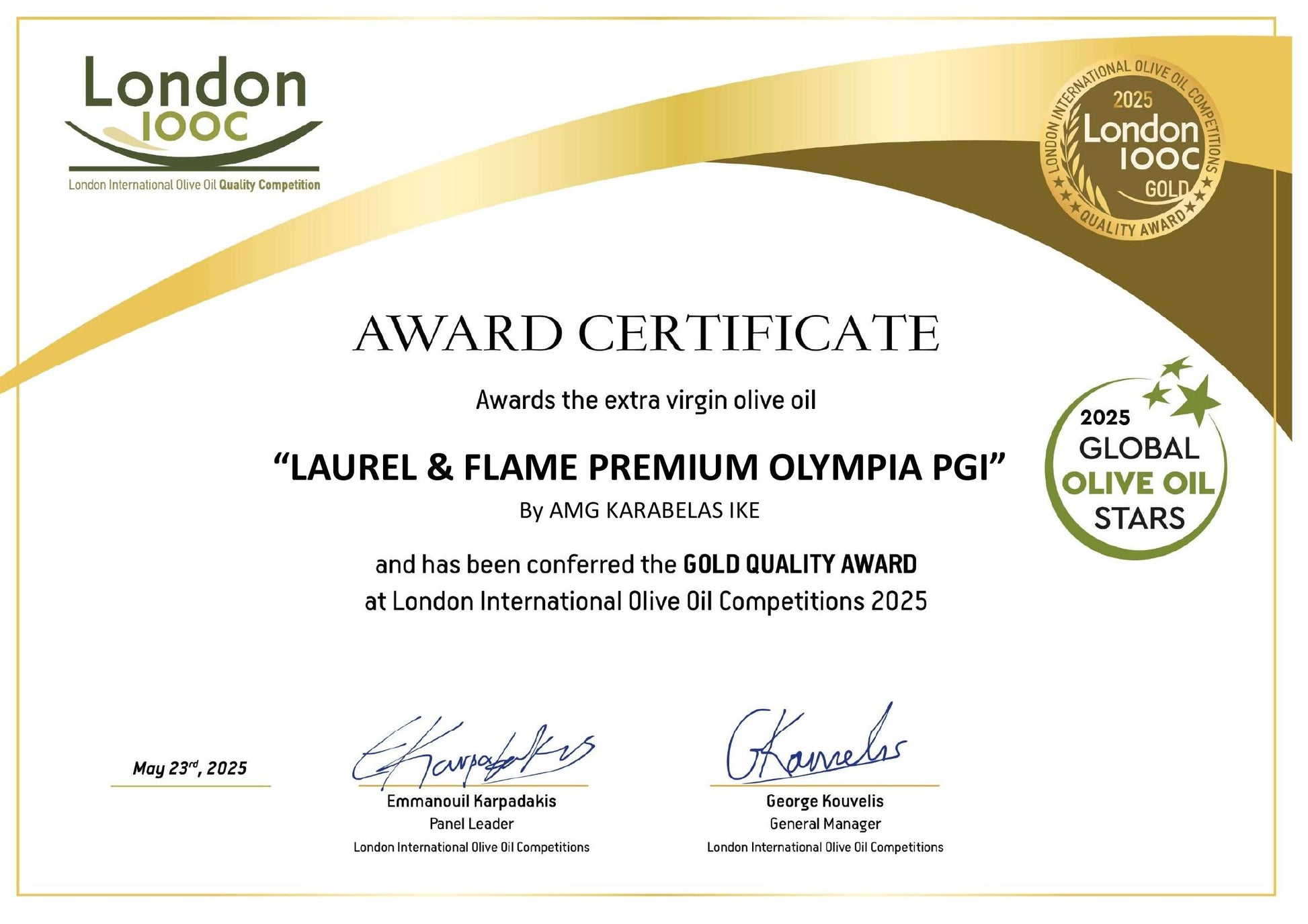 Award certificate for 'Laurel & Flame Premium Olympia PGI' olive oil at the London International Olive Oil Competition.
