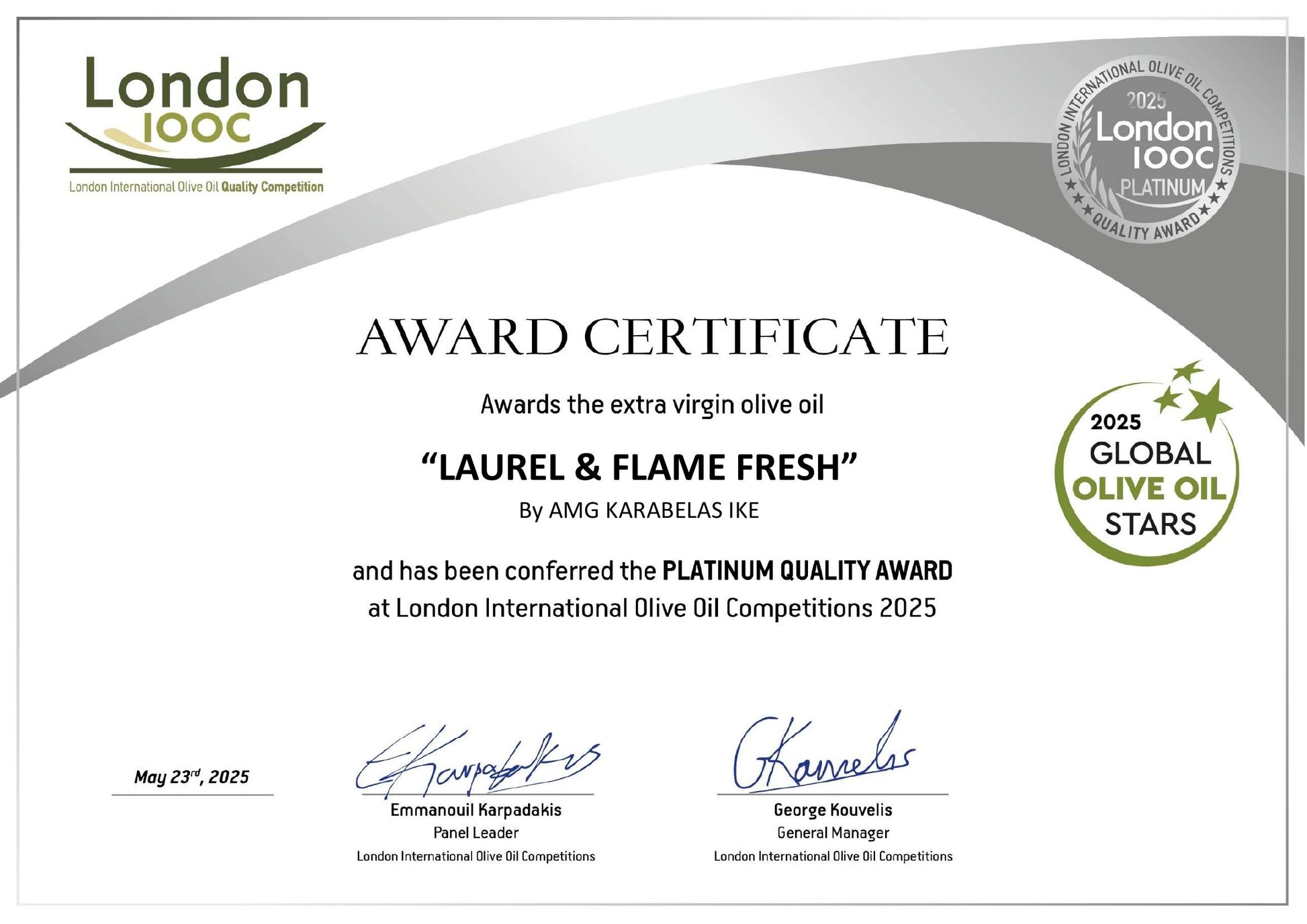 Award certificate for 'Laurel & Flame Fresh' olive oil with London IEOC branding