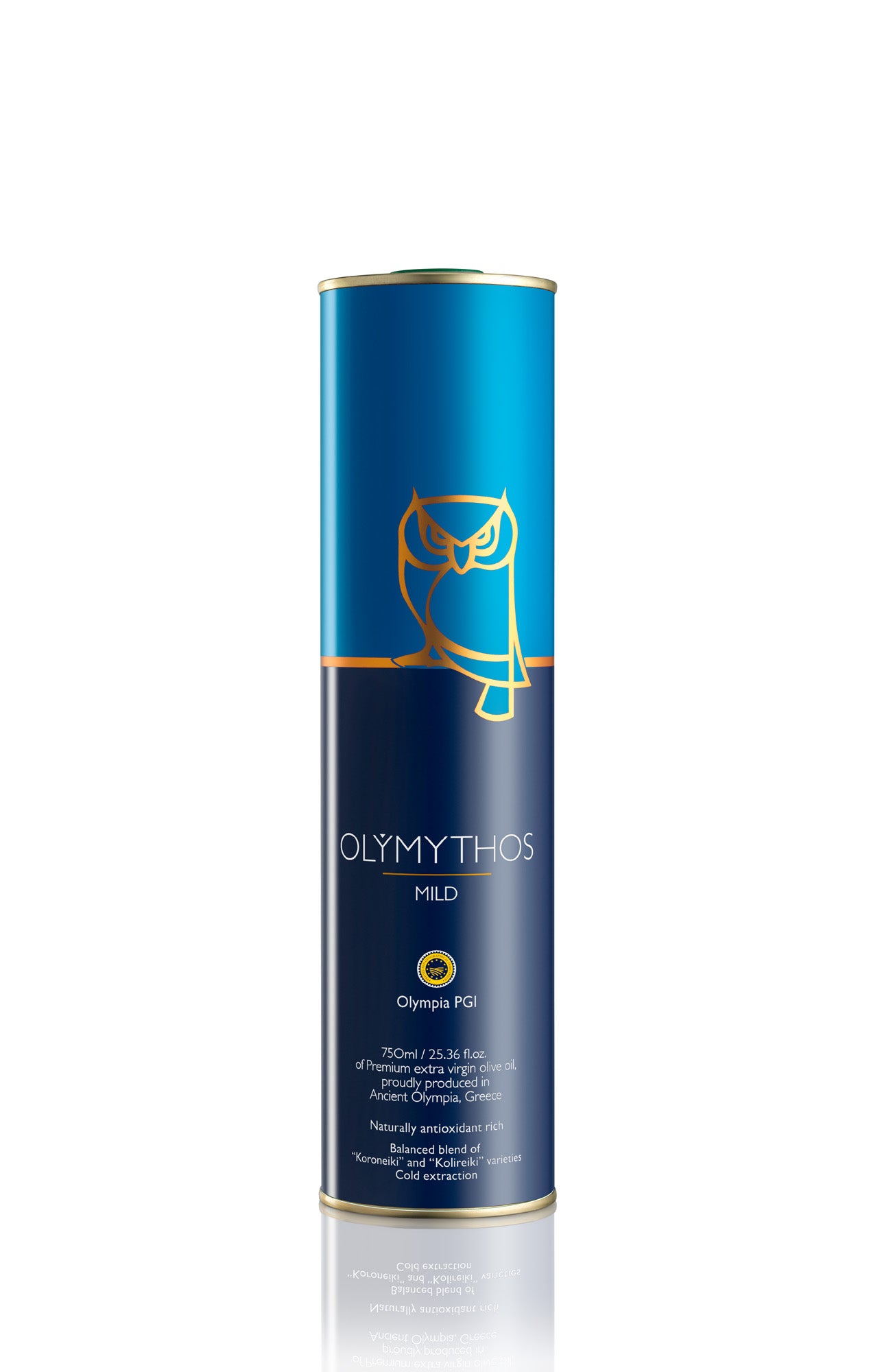 Blue cylindrical container with gold accents featuring the brand 'OLYMYTHOS' on a white background.