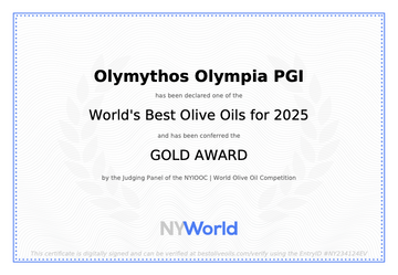 OLYMYTHOS (formely OLYMPIAN MYTH) OLYMPIA PGI MILD - AWARD WINNING - SINGLE ORIGIN – LOCAL VARIETIES BLEND - EXTRA VIRGIN OLIVE OIL - NEW HARVEST - 750 ml
