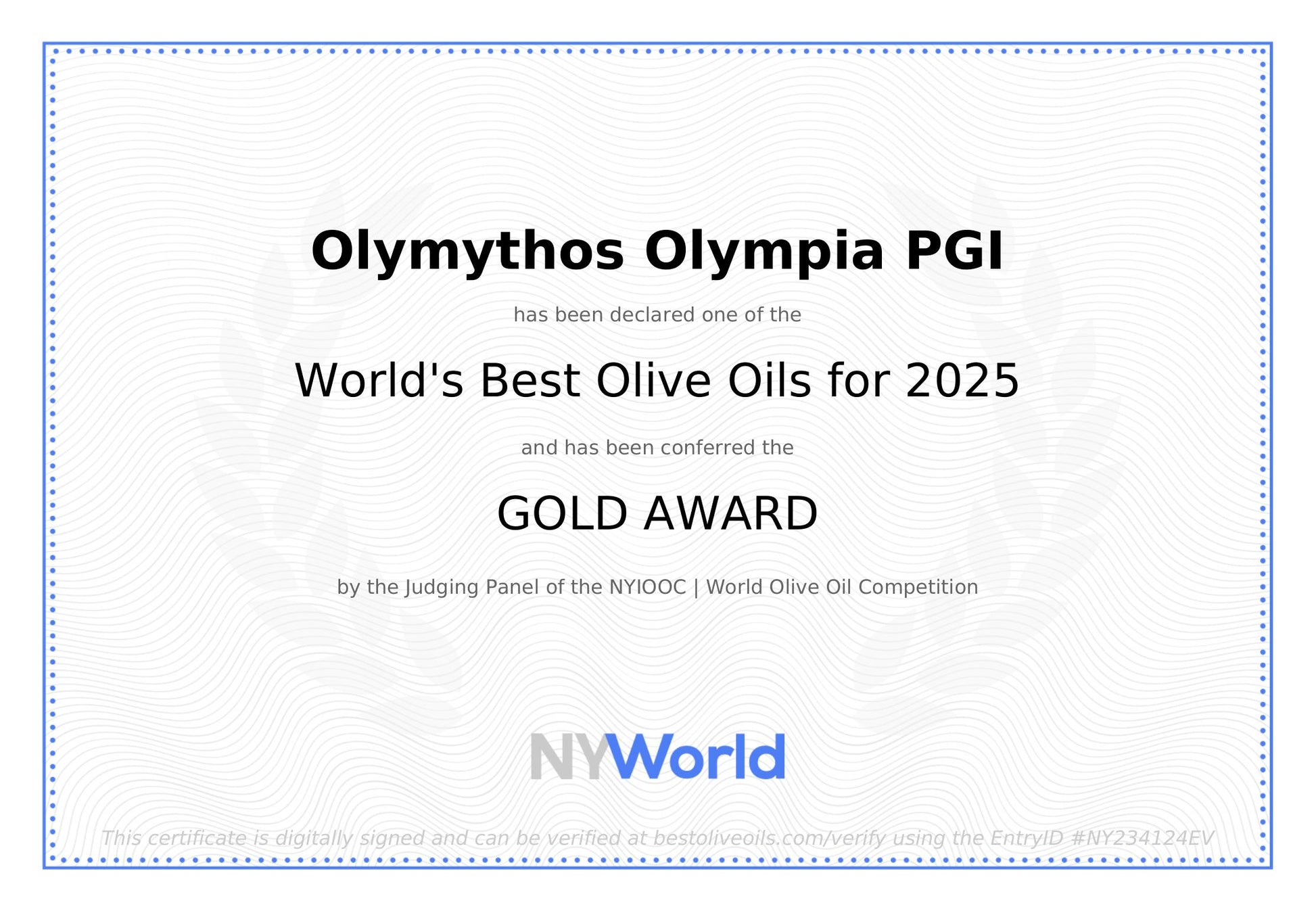 Certificate declaring Olymithos Olympia PGI as one of the world's best olive oils for 2025 with a gold award from NYWorld.