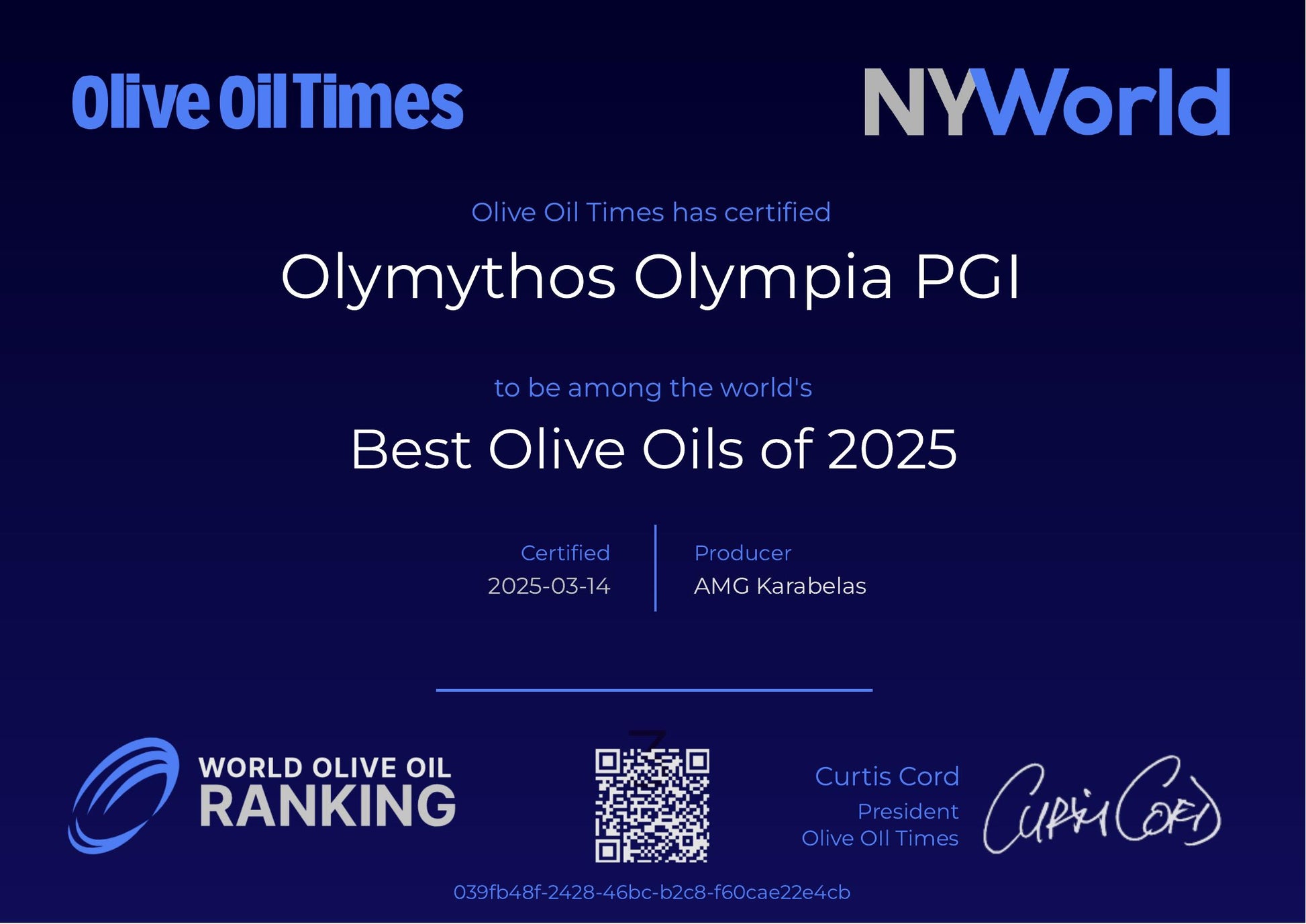 Certification for Olymthos Olympia PGI olive oil among the world's best of 2025, featuring Olive Oil Times and NYWorld logos.