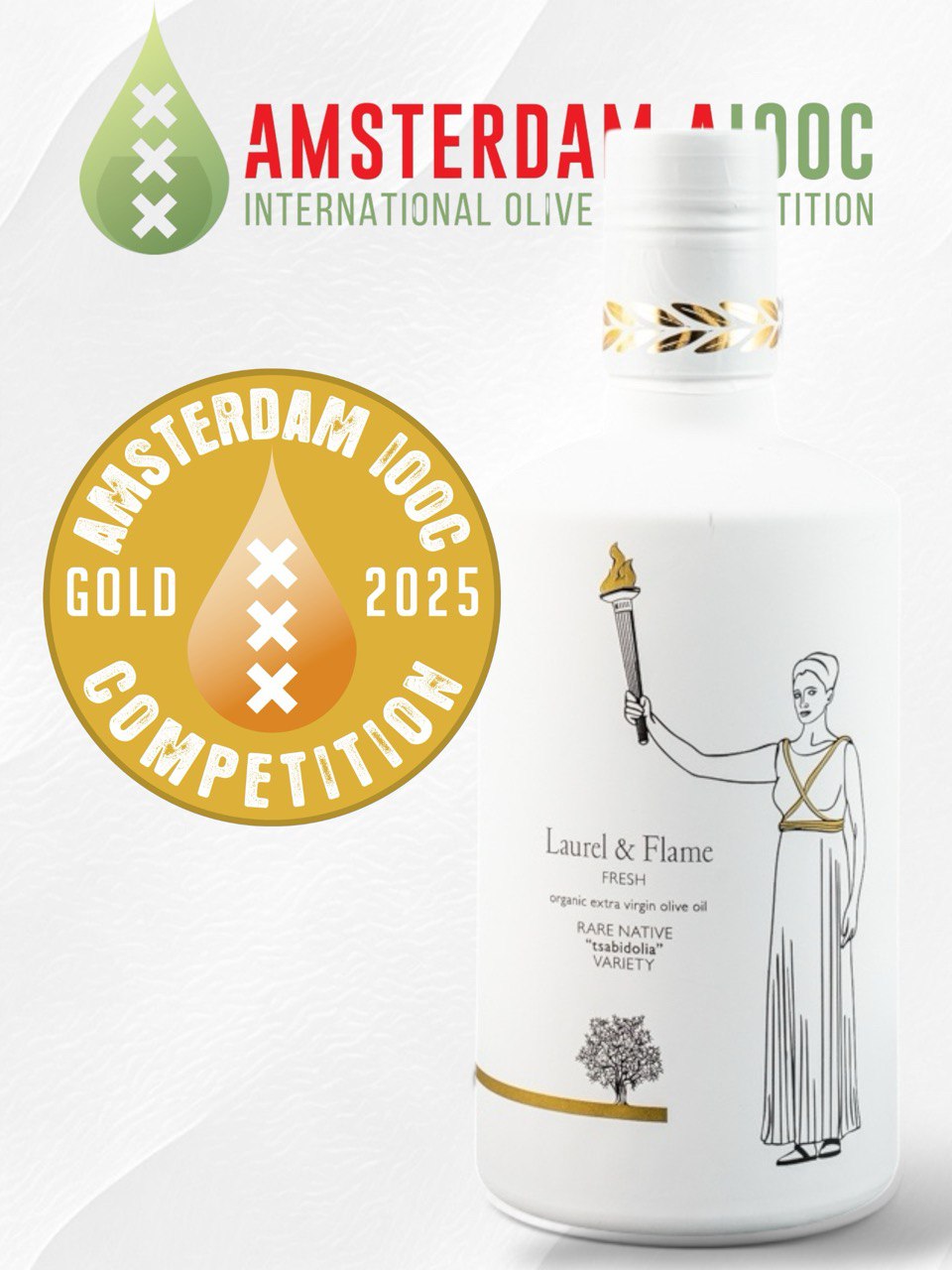 White bottle with olive oil design, Amsterdam IODC gold medal badge, and laurel figure on a white background